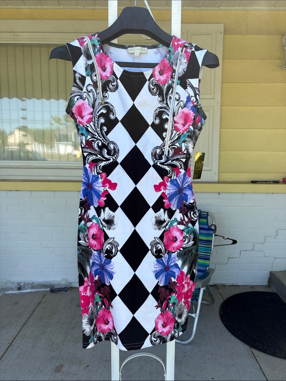 Nicki Minaj Black & White Harlequin Midi Dress with Pink and Blue Floral Print